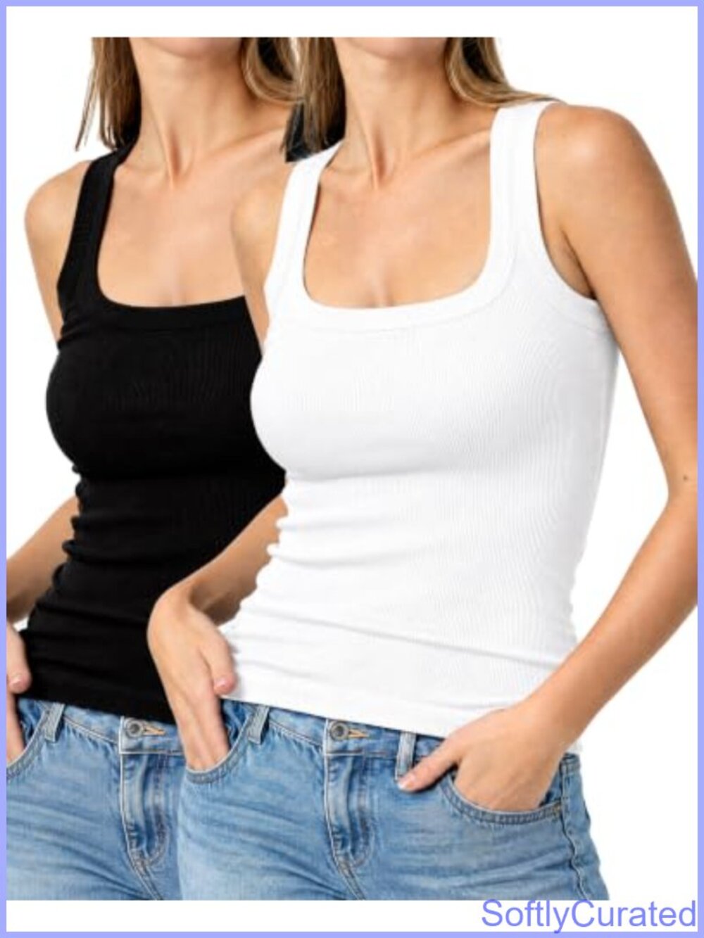 2-Pack Ribbed Square Neck Fitted Tank Tops Sleeveless Knit Women's Shirts